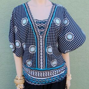 EUC JM COLLECTION Blue, Black & White Abstract Designed Short Sleeve Tunic